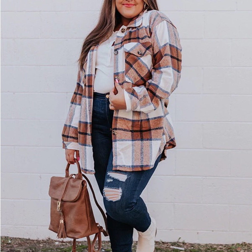 Autumn fall Plus size tan plaids shirt button front oversized button front